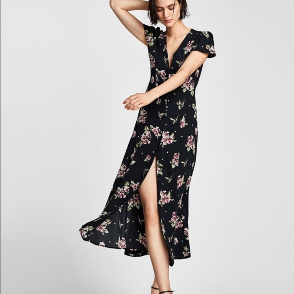 NWT! Zara Black Floral Button Front Midi Dress